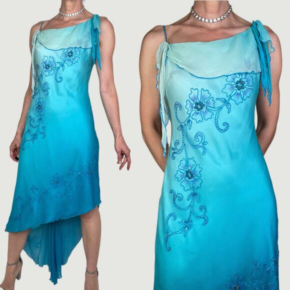 Cache beaded sequin floral slip dress Elsa ombre blue asymmetric fairy prom M - Picture 1 of 16